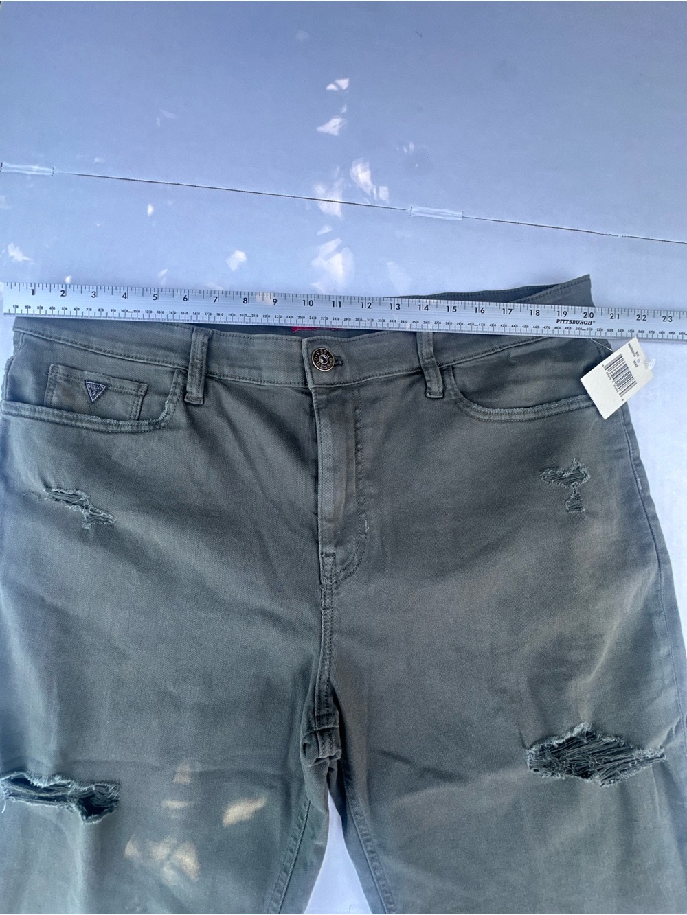 GUESS Men's Olive Green Distressed Denim Shorts - Picture 6 of 9